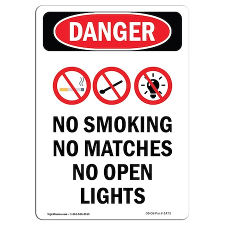 Signmission OSHA Danger Sign, No Smoking No Matches, 14in X 10in Rigid Plastic, 10" W, 14" L, Portrait OS-DS-P-1014-V-1473